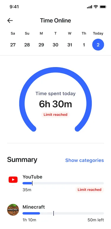 Screenshot of the Aura parental controls app showing total screen time and app time limits